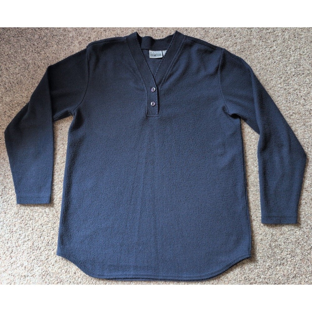 Vintage Womens Navy Basic Editions Thermal Ribbed Henley Top Shirt Long Sleeve M